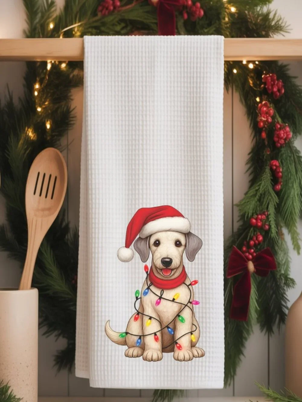 Bedlington Terrier Christmas Lights Decorative Kitchen Tea Towel
